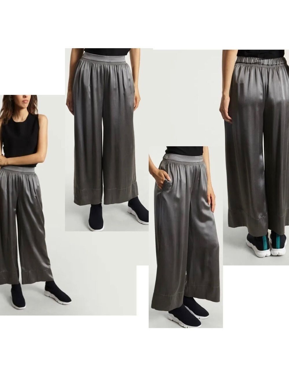 THEORY Womens Gray Silk Smocked Gathered Pull-on Culottes Sz S